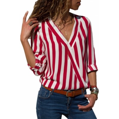 Red White Stripe Long Sleeve V Neck Shirt